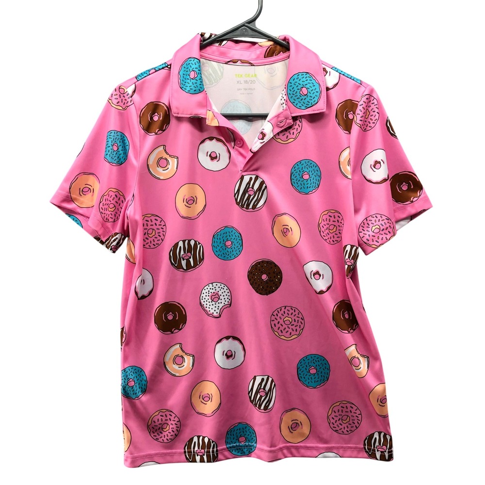 Tek Gear Dry Tek Polo Kids Boys XL 18/20 Pink Donut Print Golf Shirt Active